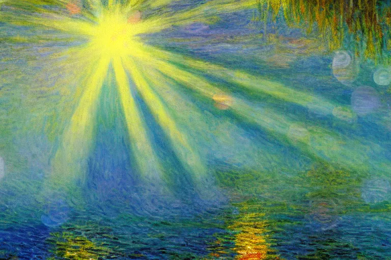 Prompt: idyllic underwater scene with sunbeam shining through water, oil painting, Impressionism, in the style of Claude Monet, 4K, trending on ArtStation
