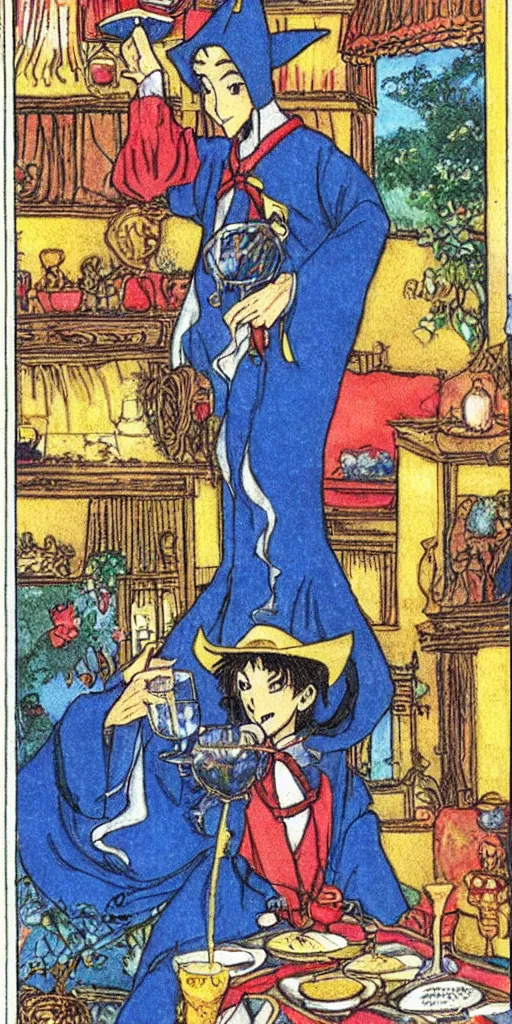 Prompt: a mystical man with a goblet on the table, wizard hat, drawn by Naoko Takeuchi, tarot card