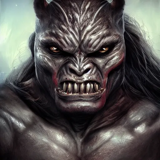 Image similar to a muscle bound orc warrior, photo, professionally retouched, dramatic lighting, wearing bone armor, illuminated by moonlight, realistic, scared face, demonic, predator eyes, wide angle, sharp focus on eyes, 8 k high definition, insanely detailed, intricate, elegant, art by artgerm and wlop