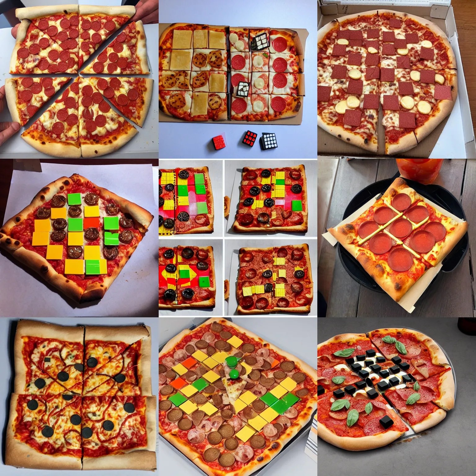 Prompt: a pizza as a rubik's cube as a pizza