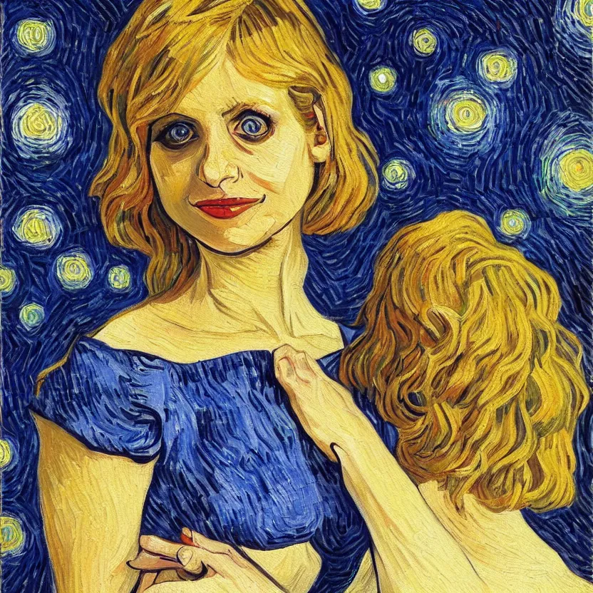 Image similar to An oil painting of Sarah Michelle Gellar in the style of Starry Night by Vincent van Gogh