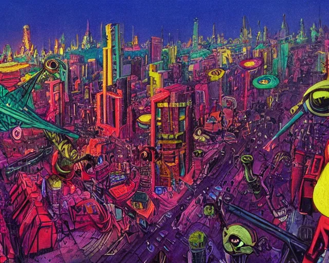 Image similar to surreal colorful nightmarish cityscape, artwork by ralph bakshi