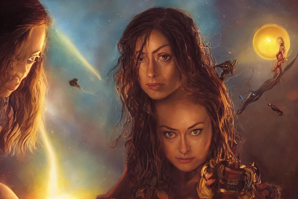 Prompt: big-eyed surprised Quorra, played by Olivia Wilde staring intensely into the camera, sundown golden hour firefly wisps, Lilia Alvarado, Sophie Anderson, Mark Arian, Bob Byerley, Charlie Bowater, Mark Brooks, Steve Henderson, Justin Gerard, Arthur Hughes, Edward Robert Hughes, Mark Keathley, Victor Nizovtsev, Carlos Shwabe, Ross Tran, WLOP