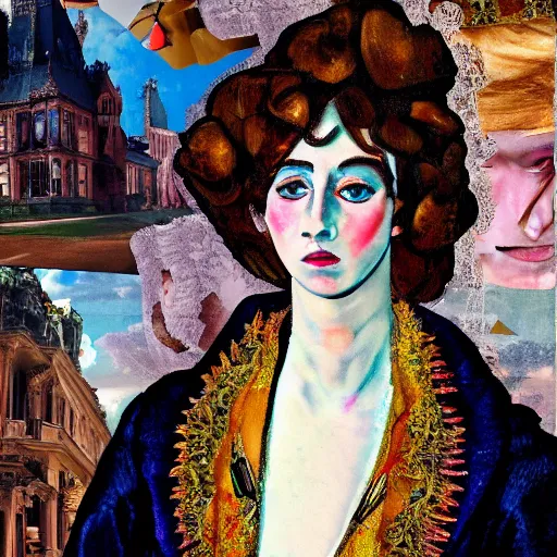 Image similar to hyperdetailed maximalist elaborate half - lenght portrait of a futuristic a beautiful young teen boy, wearing long clothing. rococo architecture, in the style of modigliani and mixed media collage. matte background hd 8 x