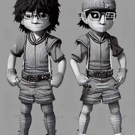 Image similar to rpg character concept art, twin brothers being cute and gangsta, intricate detail, in the style of jamie hewlett kawase hasui riyoko ikeda, 3 d render, artstation trending, 8 k, octane render, photorealistic, sharp detail, manga, black and white