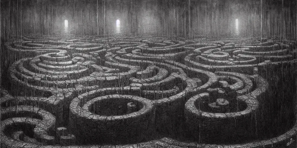 Image similar to underground labyrinth filled with dark water by Beksinski, Luis Royo