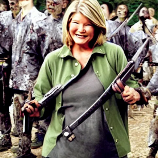 Image similar to Martha Stewart grinning while slaying an army of zombies with a samurai sword, realistic, photograph