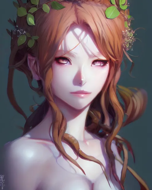 Image similar to character concept art of an anime dryad | | cute - fine - face, pretty face, realistic shaded perfect face, fine details by stanley artgerm lau, wlop, rossdraws, james jean, andrei riabovitchev, marc simonetti, and sakimichan, tranding on artstation