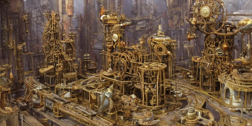 Prompt: Architectural model of a steam punk science fiction set painted by Ernst Haekl, cinematography by Moebius, composition by Jules Verne