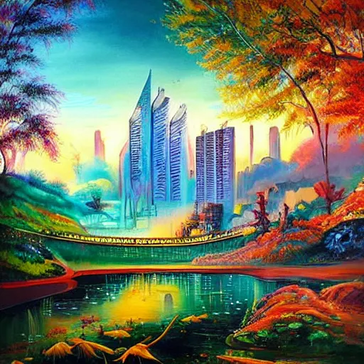 Prompt: Beautiful city of the far future in harmony with nature. Nice colour scheme, soft warm colour. Beautiful painting by Lurid. (2022)