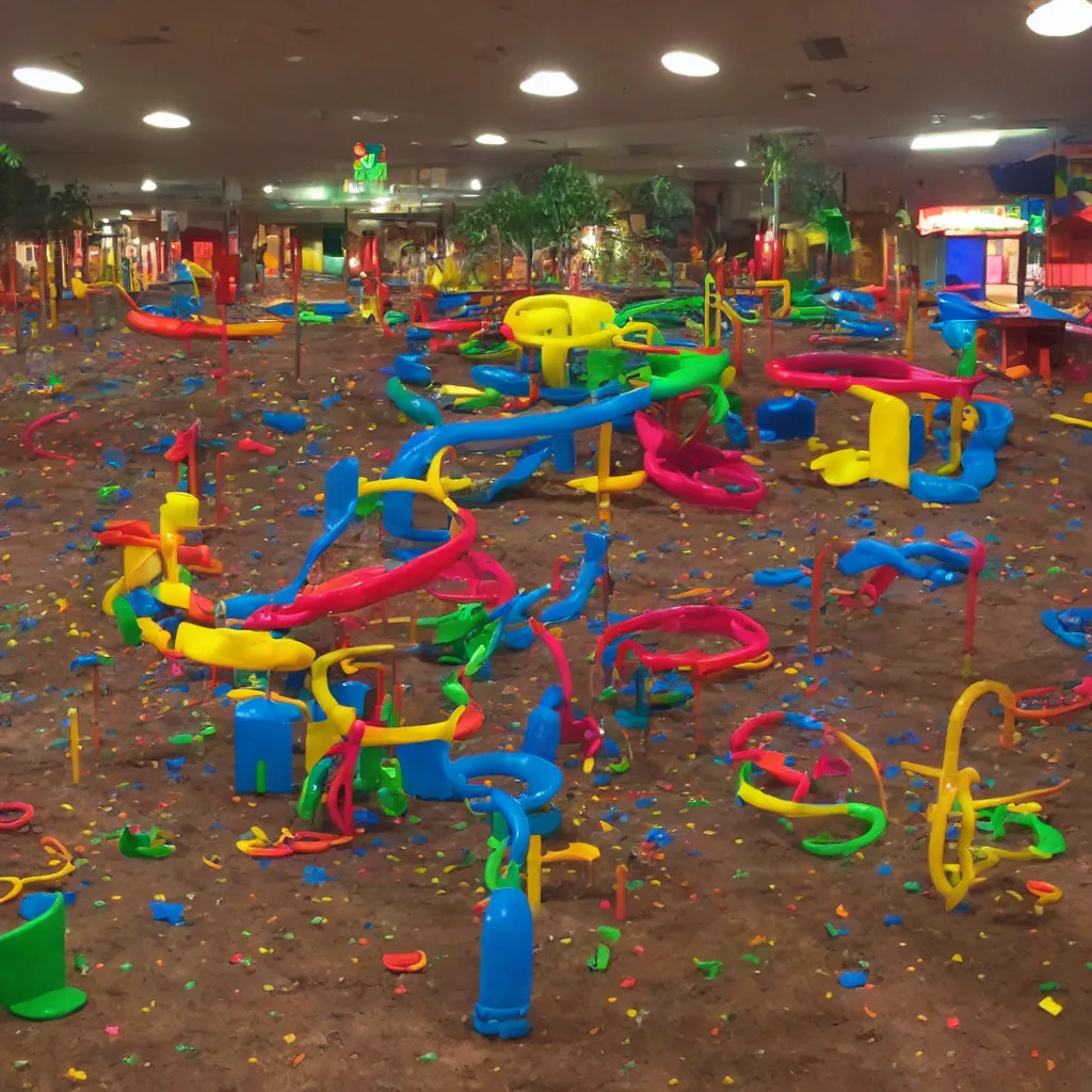 Prompt: a kids play area with no people after hours, flash photography, scary, dark, vhs