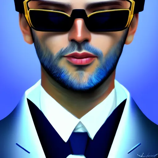 Image similar to rich businessman wearing an expensive blue crown and black shades , digital painting , digital art , artstation , devian art , 4k , HD