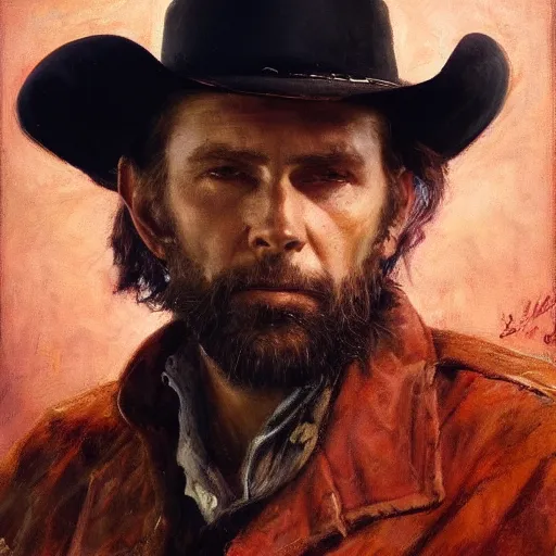 Image similar to Solomon Joseph Solomon and Richard Schmid and Jeremy Lipking victorian genre painting portrait painting of Hank Williams Sr a rugged cowboy gunfighter old west character in fantasy costume, red background