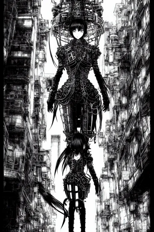 Prompt: a vertical portrait of a character in a city by yoshitaka amano and nihei tsutomu, black and white, dreamy, steampunk armor, highly detailed