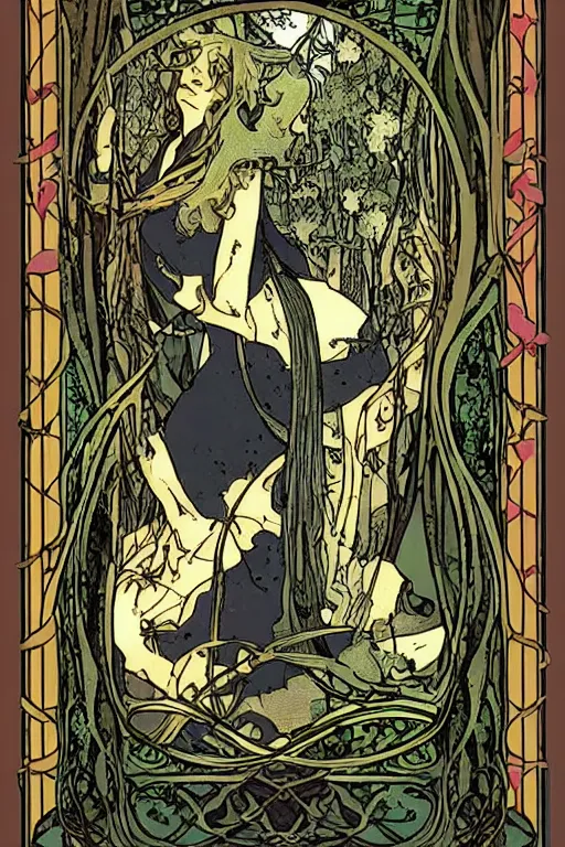 Prompt: haunted, mysterious magical item rarer treasure chest deep in the woods, art nouveau, by clamp