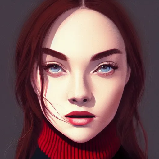 Image similar to girl in dark red turtleneck, black coat, elegant, 2d, ultra highly detailed, digital painting, smooth, sharp focus, artstation, portrait art by Ilya Kuvshinov