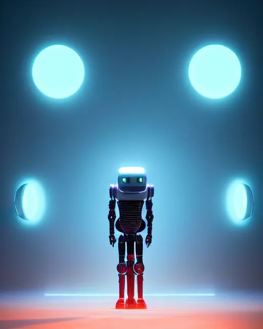 Image similar to a robot standing in front of a glowy open door that's on a barren moon, poster art by mike winkelmann, trending on cg society, space art, sci - fi, ue 5, futuristic, volumetric lighting, light casting onto the ground, neat composition and camera angle