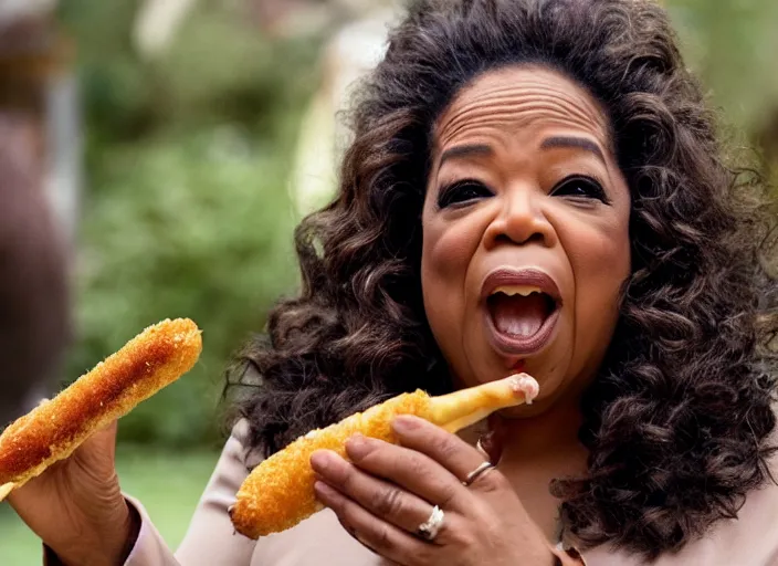 Image similar to film still of Oprah eating a corndog in the new Willow movie, 4k