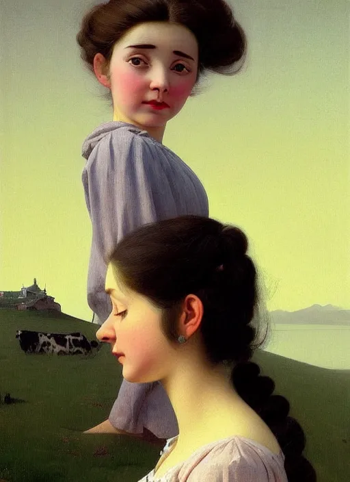 Image similar to hyper detailed 3 d render like a oil painting - cute portrait of a brunette called emma, italian looks, looking at camera, symmetrical face, long brunette hair, with a smiling cow looking over her shoulder by ryden, kawase hasui, dorothea tanning, edward hopper and james gilleard, aivazovsky, beksinski, outram, artstation