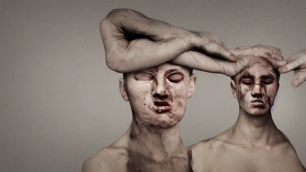 Image similar to surrealism lacking portrait of a crying young dude 2 7 years old, with violence