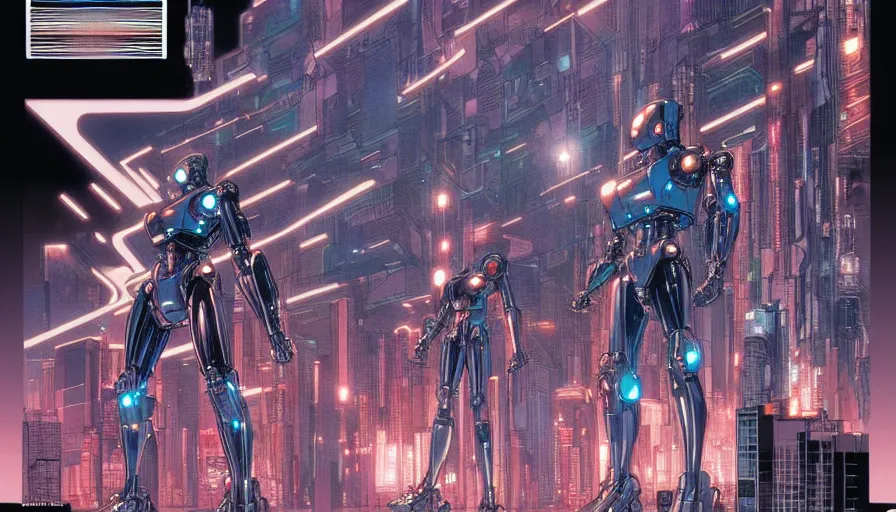 Prompt: the origine of cybertimes, metahumans, fractals, cyberpunk, mecha androids, visual development by yoshitaka amano and moebius, josan gonzales, dynamic lighting