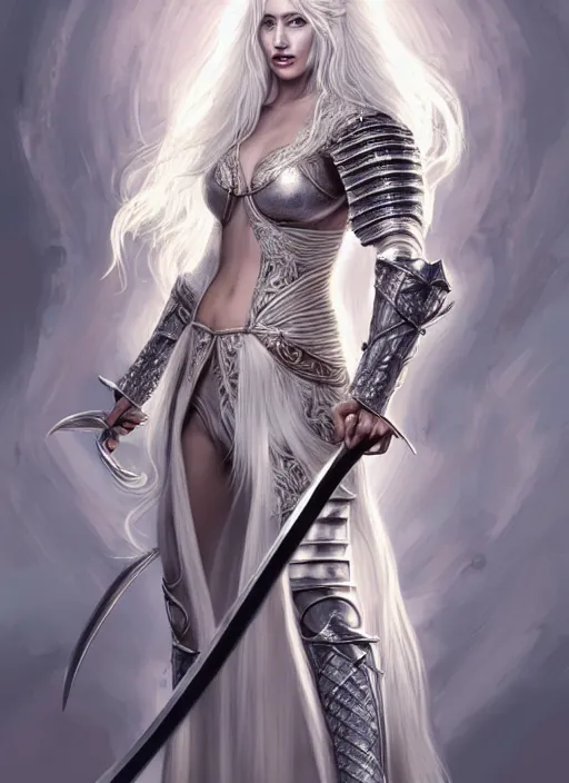 Image similar to full body painting of a woman with flowing luscious glowing white hair standing whilst holding a sword, wearing intricate plate - armor and leather underneath. intricate, elegant, highly detailed, digital painting, artstation, concept art, smooth, sharp focus, illustration, by terry wei, qiu fang, tooth wu, kan liu, siwoo kim, jisu choe