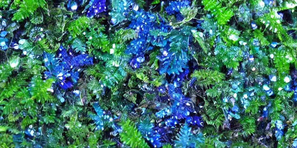 Prompt: close up dark green and blue ferns and moss, droplets of crystal clear water on the leaves, rays of sunlight coming through the clouds after rain, magical fairytale, sparkling particles, colorful dust, glitter shimmering in the light