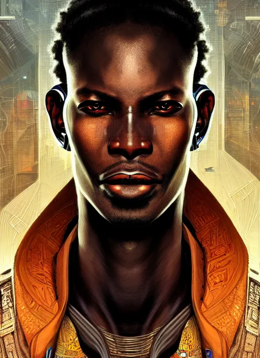 Prompt: portrait of a handsome cyberpunk african man, beautiful symmetrical face, fantasy, regal, by stanley artgerm lau, greg rutkowski, thomas kindkade, alphonse mucha, loish, norman rockwell.