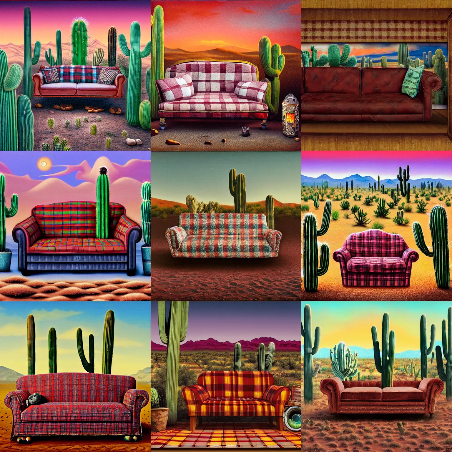 Prompt: a plaid couch sitting alone in a western desert at dusk, cactus adjacent, lowbrow, matte painting, highly detailed, in the style of mark ryden