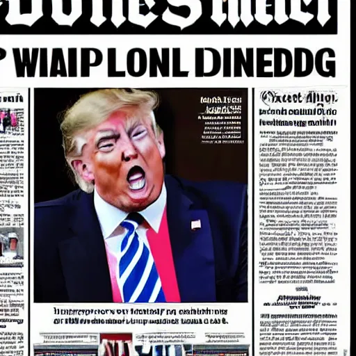 Prompt: the front cover of a newspaper with a photograph of donald trump handcuffed and being led into a prison cell