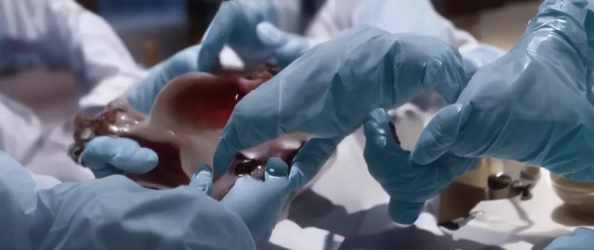 Image similar to filmic dutch angle extreme closeup movie still 4 k uhd 3 5 mm film color photograph of hands wearing surgical gloves being bitten by a dangerous re - animated alien specimen in a lab