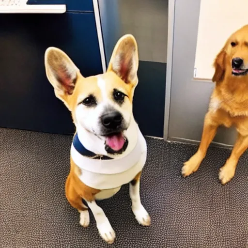 Image similar to Business dog waving goodbye to his dog coworkers