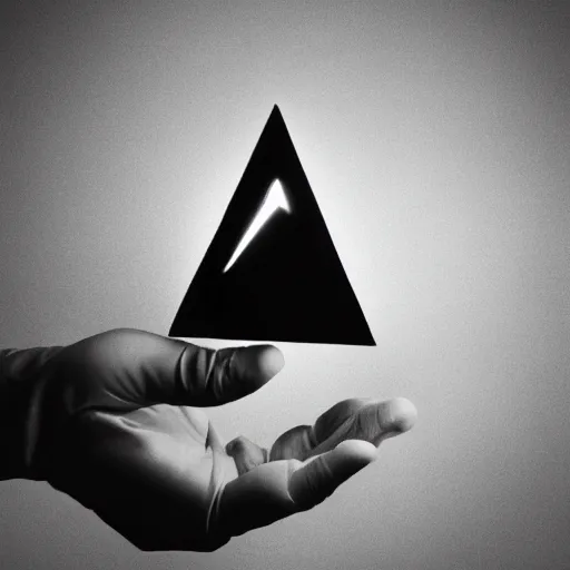 Image similar to a black gloved hand holding a dimly glowing triangular shard of kryptonite in pitch dark, black background