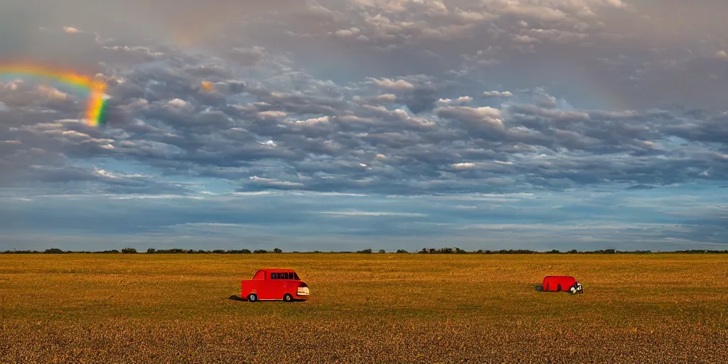 Image similar to empty clown land for miles in every direction there is a long caravan of clowns and clown cars from the 1 8 0 0 s on the horizon puffy clouds in the sky at sunset, rainbow hour, rule of thirds, art, red and yellow