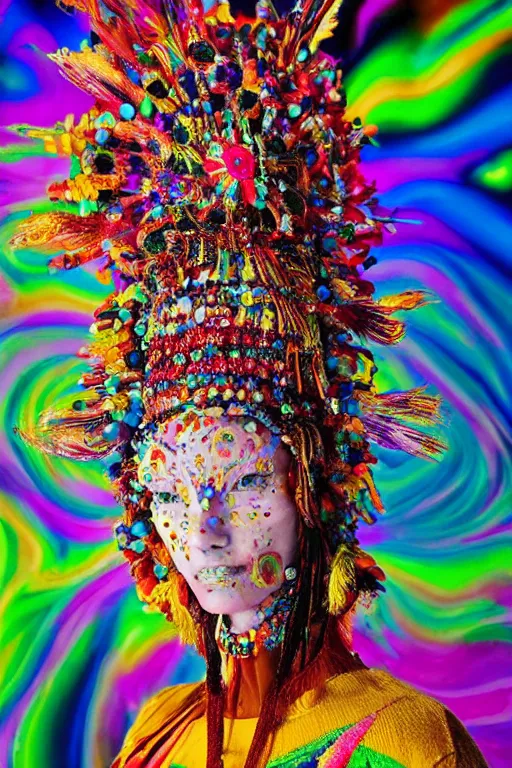 Prompt: a colorful vibrant closeup portrait of a fashion model wearing an alexander mcqueen beaded headdress and dreaming psychedelic hallucinations by kawase