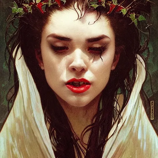 Prompt: portrait of a menacing beautiful vampire, face only, eyes half closed, crying many tears, cracked and broken face by Stanley Artgerm Lau , greg rutkowski, thomas kindkade, alphonse mucha, loish, norman rockwell, J. C. Leyendecker. hair waving in the wind, pale skin, sinister complexion, thorn crown, imagine bordered by thorns. D&D, fantasy. Trending on artstation rule of thirds extremely detailed illustration hd 4k