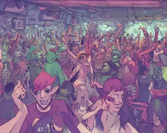 Prompt: a study of cell shaded cartoon of elves raving in a nightclub, illustration, wide shot, subtle colors, post grunge, concept art by josan gonzales and wlop, by james jean, Victo ngai, David Rubín, Mike Mignola, Laurie Greasley, highly detailed, sharp focus, alien, Trending on Artstation, HQ, deviantart, art by artgem