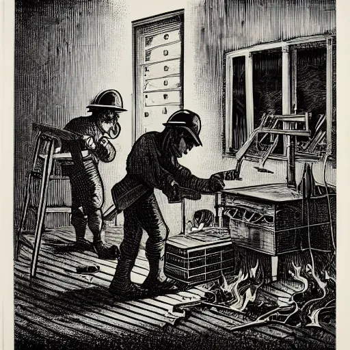 Image similar to Luddites set the server room on fire, lithograph