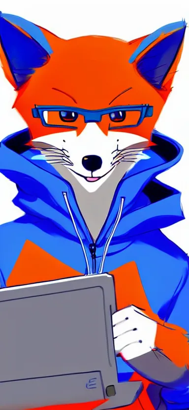 Image similar to an sketch art of anthropomorphic fox in a blue hoodie hacking a portable computer by gainax studio, artstation, digital art, oc commission, high detailed, stylised