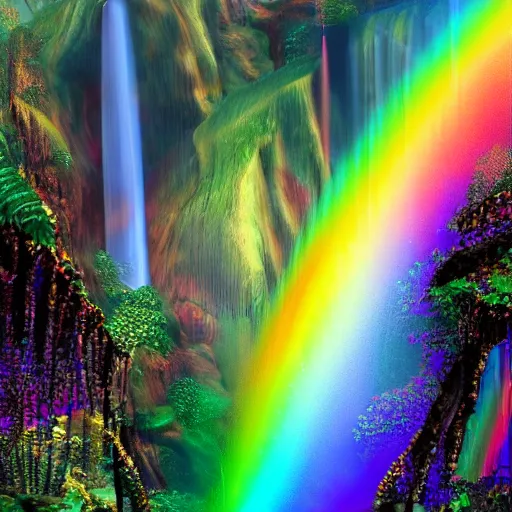 Image similar to Rainbow disco smokey portals to beautiful waterfall dimension, artstation, highly detailed 8k