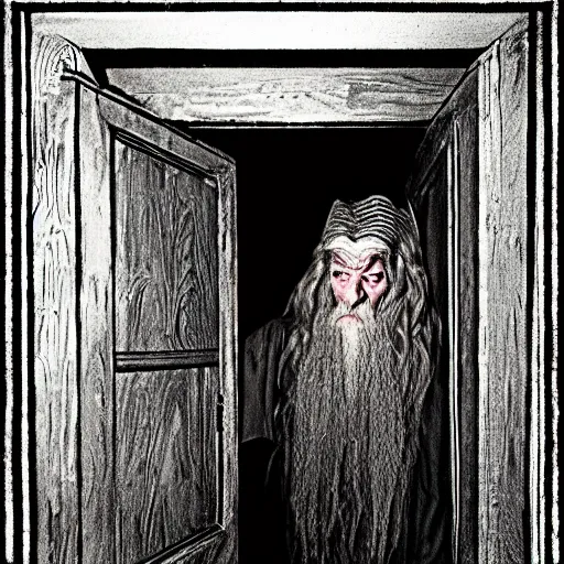 Prompt: grainy photo of gandalf as a creepy monster in a closet, harsh flash