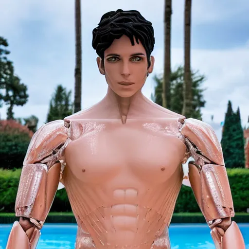 Image similar to made of ice, a realistic detailed photo of a guy who is an attractive humanoid who is half robot and half humanoid, who is a male android, on display, blank stare, showing off his muscles, shiny skin, posing like a statue, by the pool, frozen ice statue, twitch streamer / gamer ludwig, humanoid robot