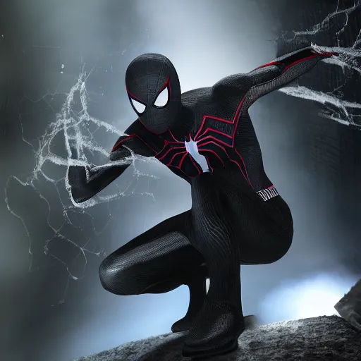 Image similar to black spider - man suit with white web lining, cinematic, volumetric lighting, realistic, hyperdetailed, photorealistic, photograph