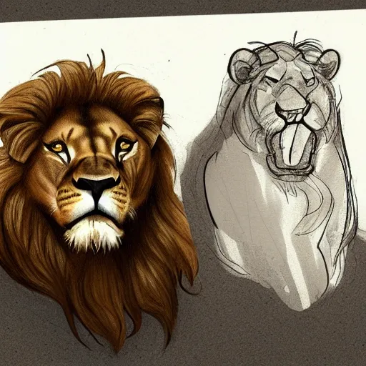 Image similar to sketch of a magnifocent lion and a lioness. Trending on artstation