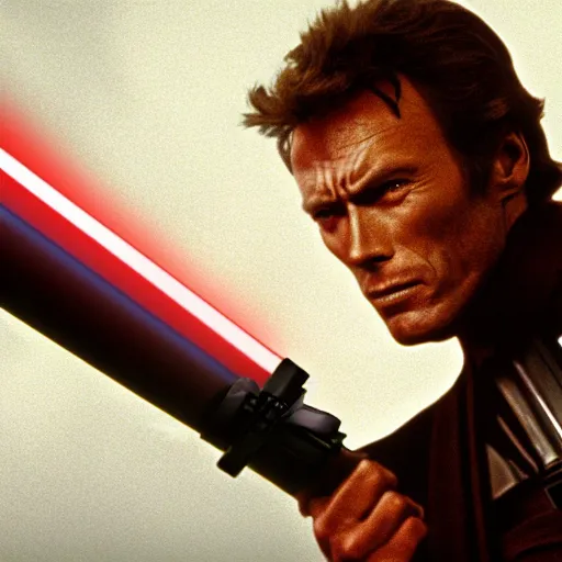 Image similar to clint eastwood holding lightsaber in star wars episode 3, 8k resolution, full HD, cinematic lighting, award winning, anatomically correct