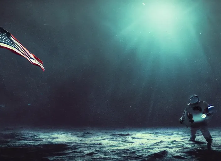 Image similar to astronaut holding a flag in an underwater desert. a submarine is visible in the distance. dark, concept art, cinematic, dramatic, atmospheric, 8 k, trending on artstation, blue, fish, low visibility, fog, ocean floor, christopher nolan, interstellar