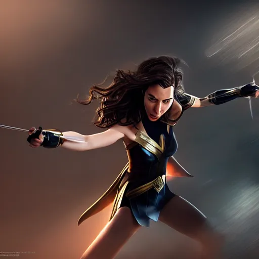 Prompt: gal gadot as hermione, professional photography, action shot, studio lighting, motion blur, hyper detailed, trending on artstation