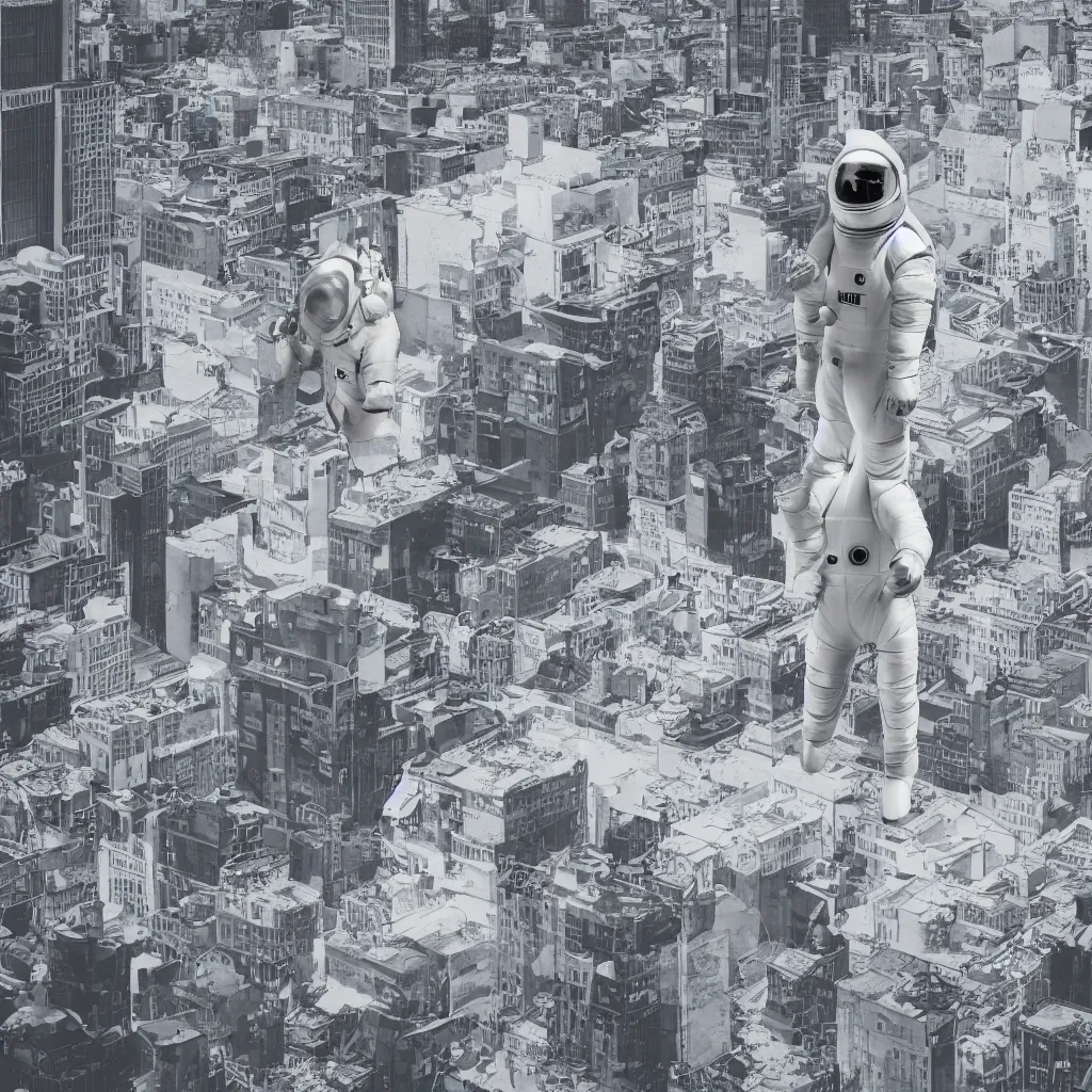 Image similar to illustration of an all grey plastic astronaut model toy on top of a building on a city street