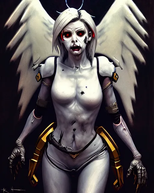 Prompt: mercy from overwatch, evil zombie angel, halo, gold and white, character portrait, portrait, close up, concept art, intricate details, highly detailed, horror poster, horror, vintage horror art, realistic, terrifying, in the style of michael whelan, beksinski, and gustave dore