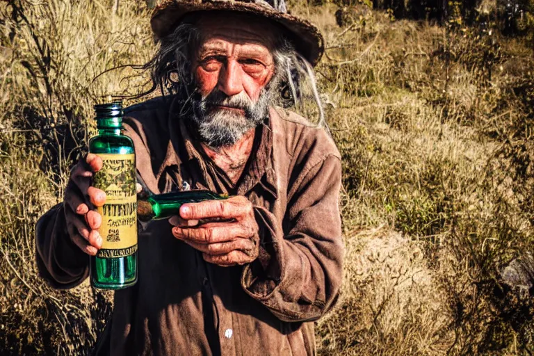 Image similar to dirty hobo holding a bottle of hawthorn tincture in his hands, professional shooting, model shooting, high quality, professional light,